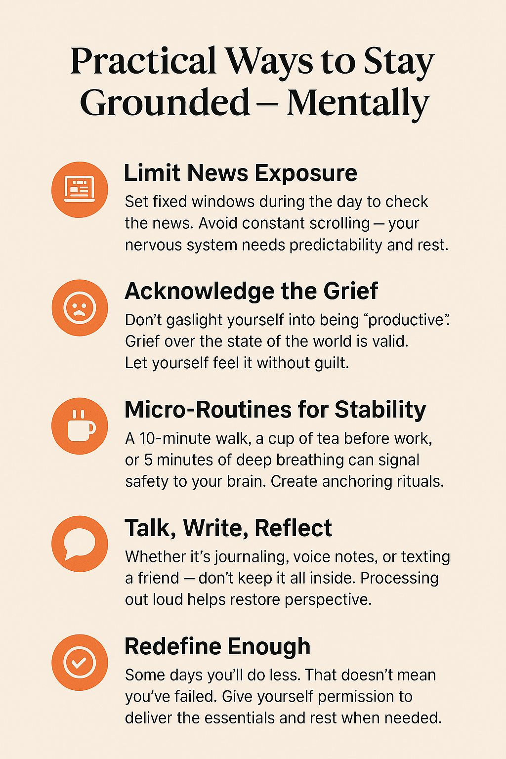 Infographic titled 'Practical Ways to Stay Grounded – Mentally' listing mental health tips such as limiting news exposure and acknowledging grief for millennial health 101 